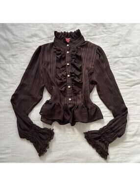 Y2K Baby The Stars Shine Bright Brown Striped Ruffle Blouse Himekaji Lolita Top